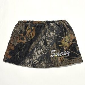 Handmade Upcycled reworked stretch camo rhinestone ultra miniskirt by me!